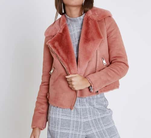 Pink faux shearling biker jacket: Save £28.00!