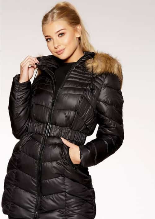 £25 OFF this Black And Beige Chevron 3/4 Belted Hood Jacket!