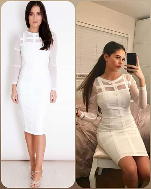 GRID LONG SLEEVE WHITE DRESS