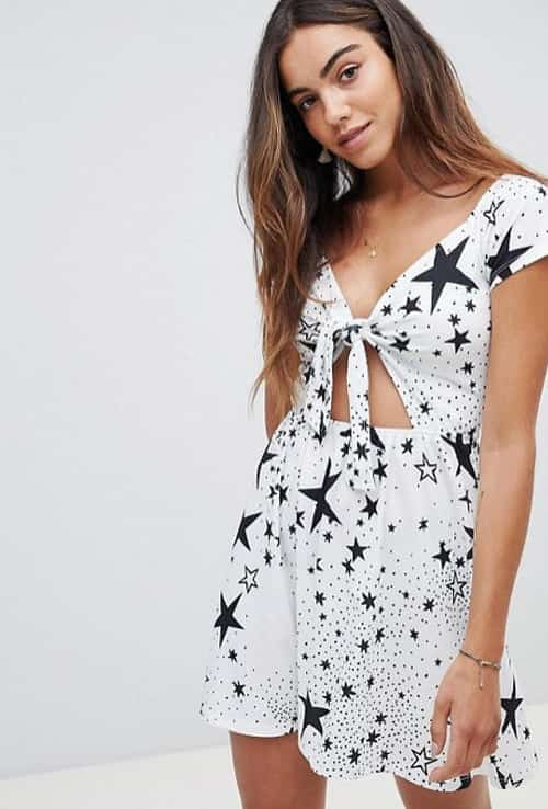 Half Price- ASOS DESIGN bardot sundress with tie front in star print