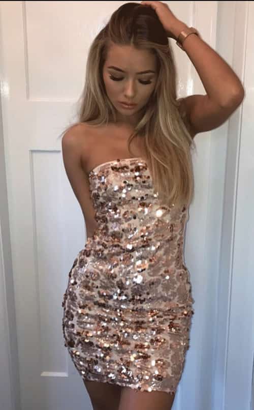 SEQUIN FRONT STRAPLESS BODYCON DRESS