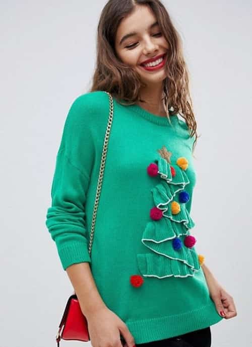 Brave Soul tree christmas jumper with pom poms