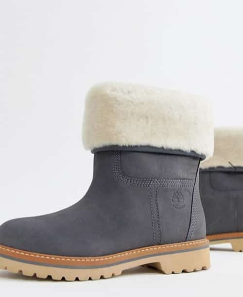 SAVE- Timberland Charmonix Gargoyle Grey Leather Pull On Ankle Boots With Faux Fur Fold Down