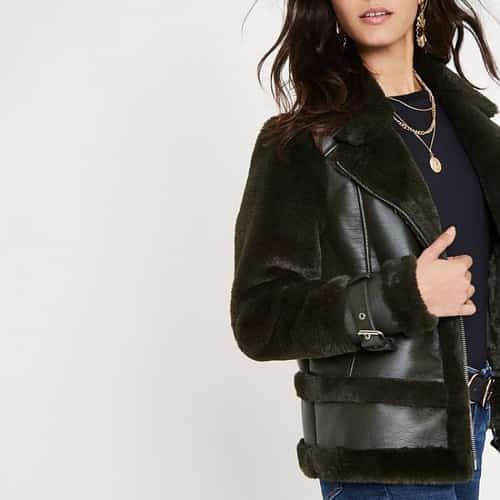 SALE ON COATS & JACKETS - River Island faux fur aviator jacket in green