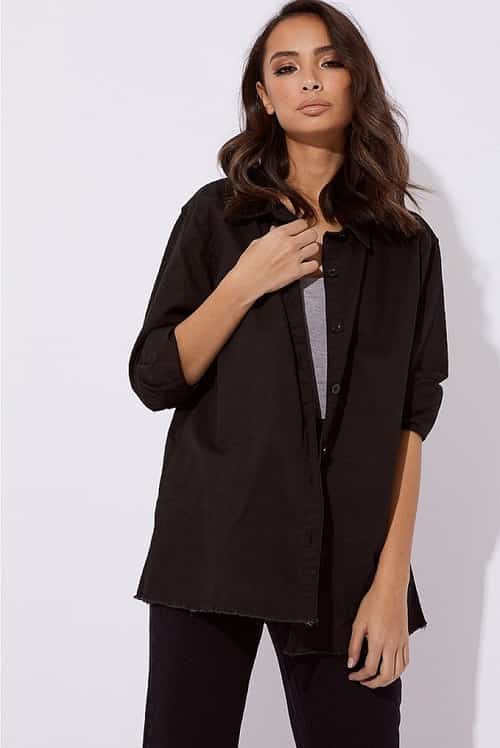SALE, GET UP TO 80% OFF EVERYTHING - KARMYN BLACK DISTRESSED HEM OVERSIZED DENIM SHIRT!