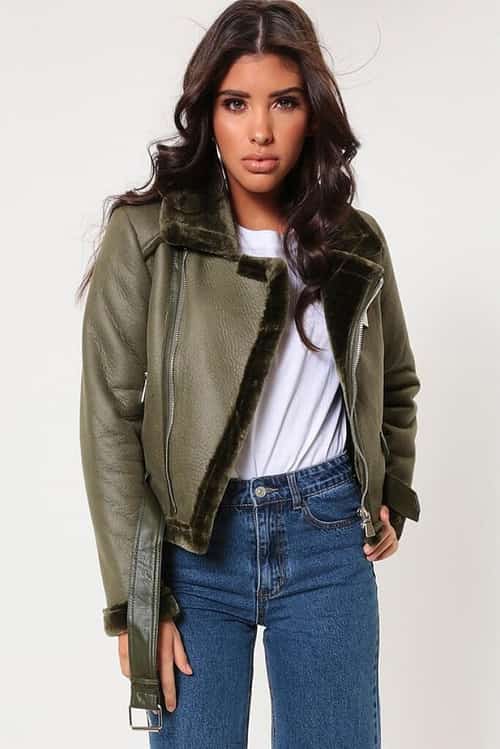 SALE - Khaki Cropped Faux Fur Lined Soft Aviator Jacket!