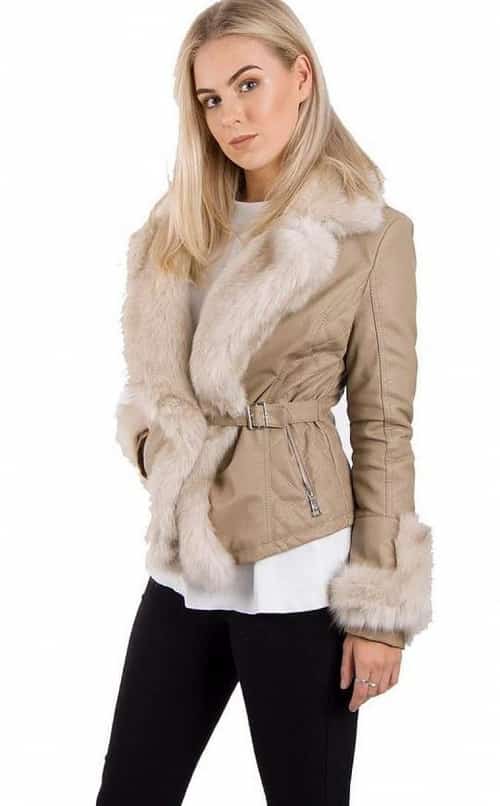 BEIGE FAUX FUR BELTED LEATHER LOOK BIKER JACKET