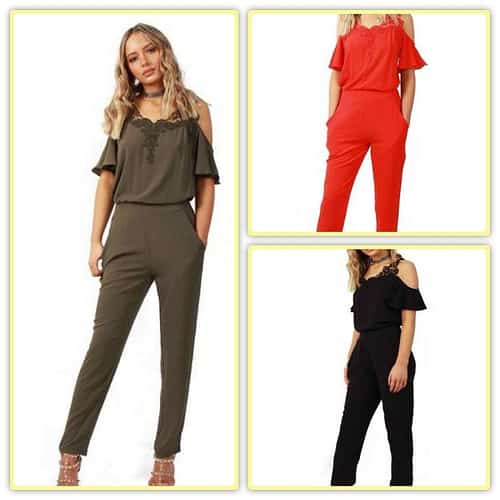 LACE APPLIQUE COLD SHOULDER RUFFLE SLEEVE JUMPSUIT