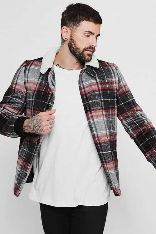 SALE - WOOL BLEND CHECK TRUCKER WITH BORG COLLAR!