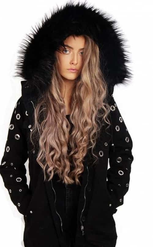 BLACK EYELET DETAIL FAUX FUR HOODED PARKA JACKET