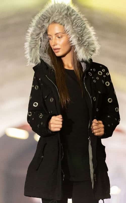 BLACK/GREY EYELET DETAIL FAUX FUR HOODED PARKA JACKET