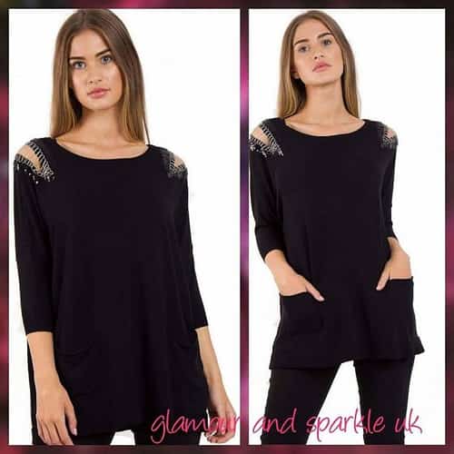 .BLACK EMBELLISHED SHOULDER OVERSIZED POCKET JUMPER