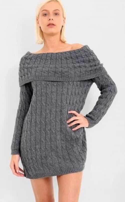 GREY BARDOT KNITTED DRESS