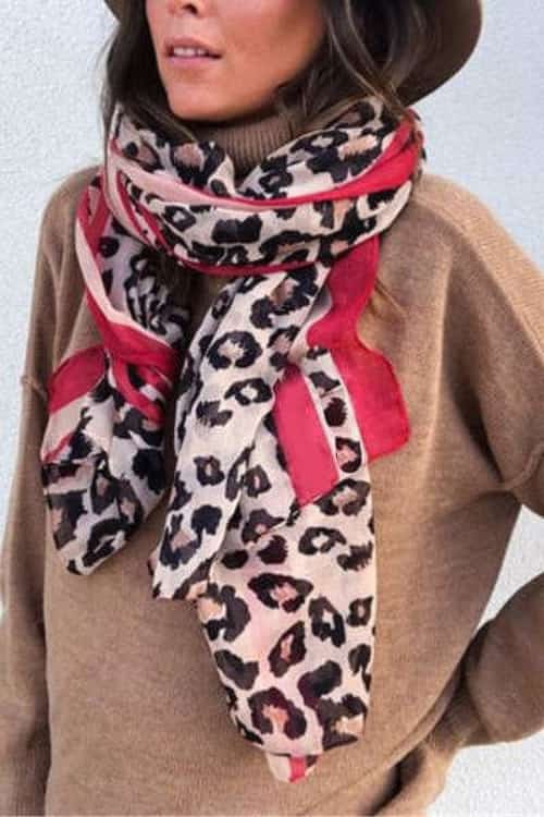 LEOPARD PRINT RED STRIPE SCARF