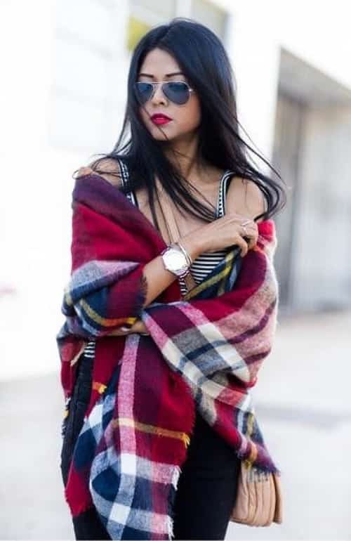 LARGE SOFT TARTAN FRAYED BLANKET SHAWL / SCARF