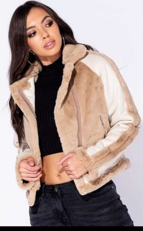 FAUX FUR PU TRIM BIKER JACKET