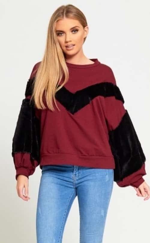 WINE & BLACK FAUX FUR SLEEVE OVERSIZED SWEATSHIRT