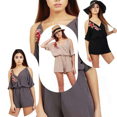 V NECK COLD SHOULDER FLORAL EMBROIDERED CAMI PLAYSUIT