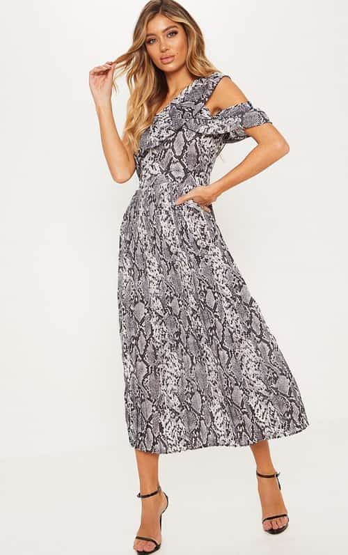 SALE - GREY SNAKE PRINT ONE SHOULDER RUFFLE DETAIL PLEATED MIDI DRESS!
