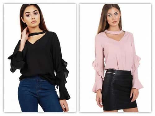 CHIFFON RUFFLE SLEEVE CUT OUT NECK BLOUSE TOP