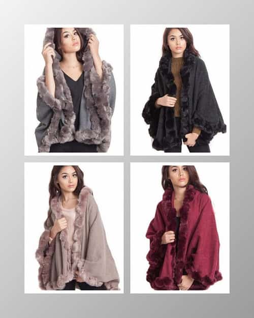 KNITTED SOFT FAUX FUR TRIM PONCHO WITH SLEEVES