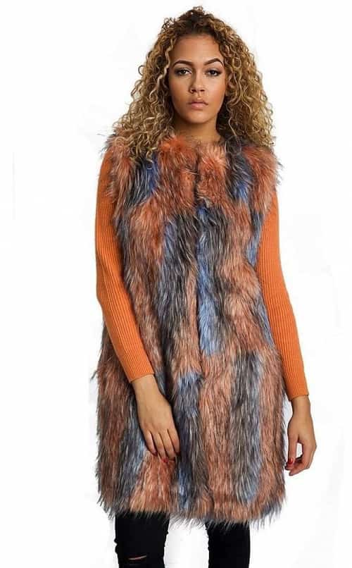 LONGLINE MULTI COLOUR PEACH/BABY BLUE PATCHWORK FAUX FUR GILET