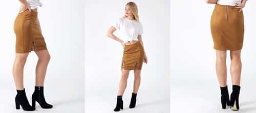 TAN SUEDETTE LACE DETAIL SKIRT