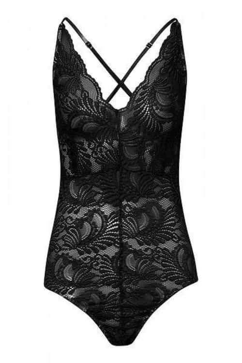 BLACK SCALLOP LACE CROSS BACK STRAPPY BODYSUIT