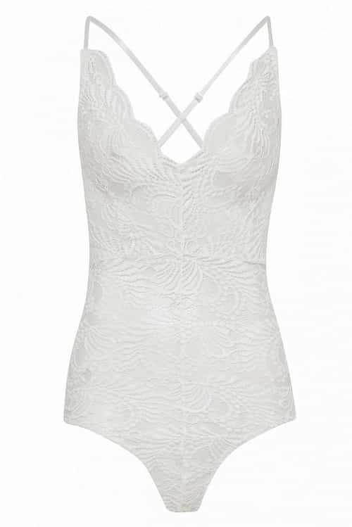 WHITE SCALLOP LACE CROSS BACK STRAPPY BODYSUIT