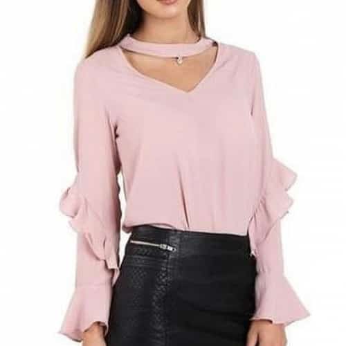 CHIFFON RUFFLE SLEEVE CUT OUT NECK BLOUSE TOP