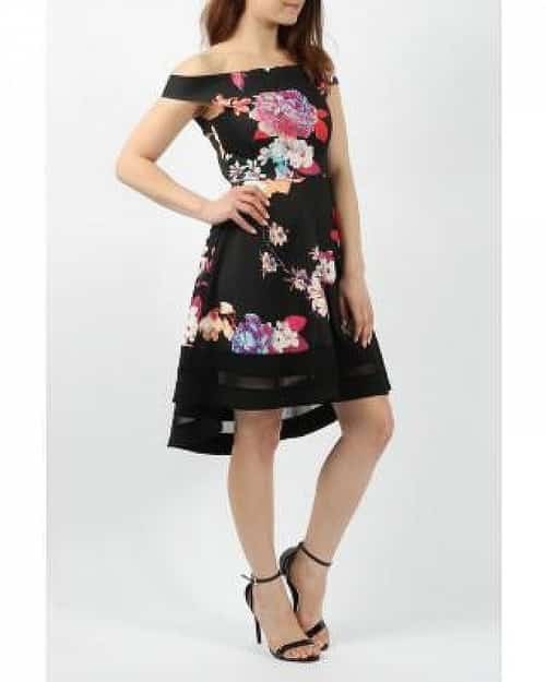 HIGH LOW FLORAL PRINT BARDOT SKATER DRESS