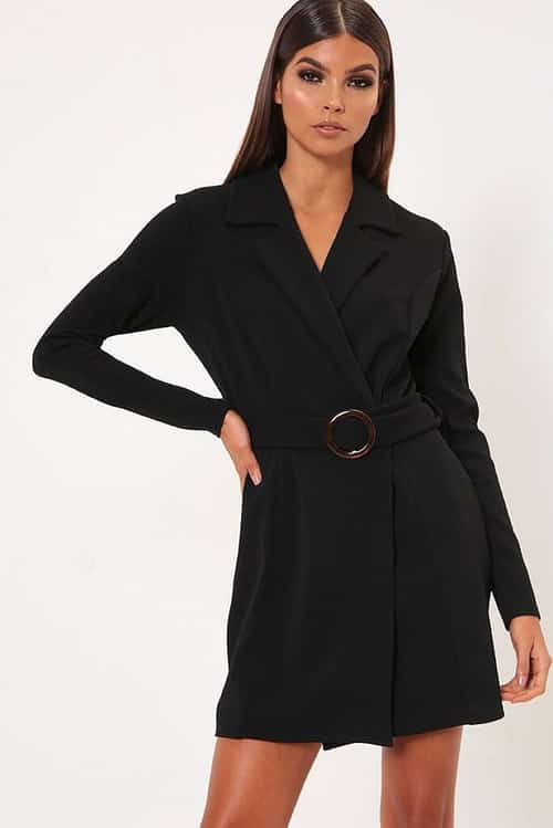 SALE - Black Horn Buckle Belted Blazer Dress