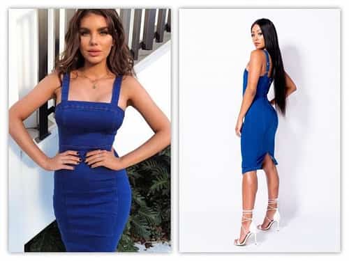BRIGHT BLUE STRETCH DENIM MIDI DRESS
