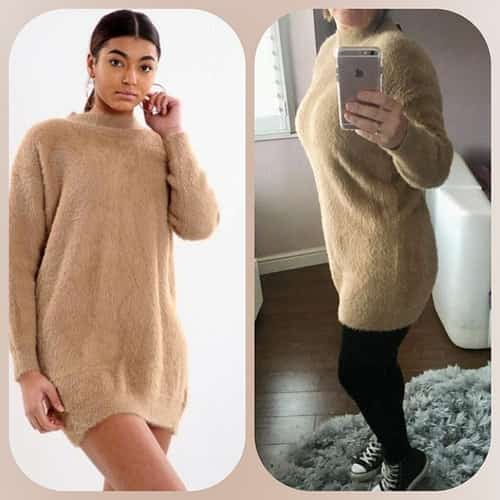 BEIGE FLUFFY HIGH NECK LONG SLEEVE DRESS