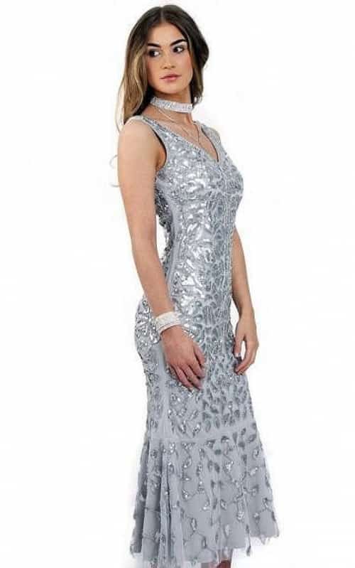 SILVER FLORAL SEQUIN FISHRAIL MIDI PROM EVENING DRESS