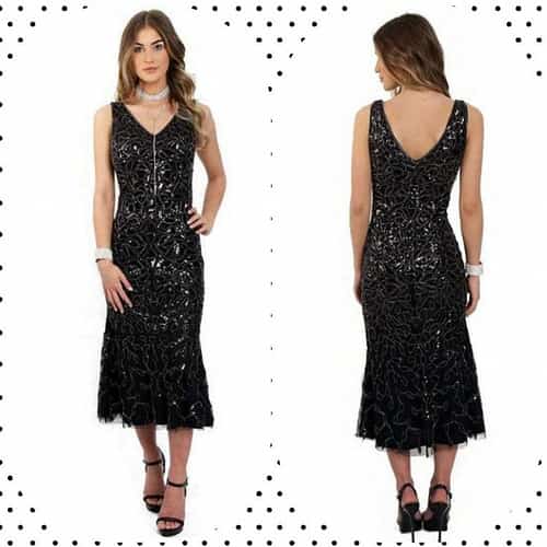BLACK FLORAL SEQUIN FISHRAIL MIDI PROM EVENING DRESS
