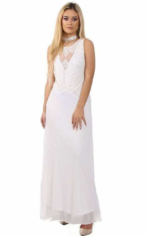 WHITE MESH EMBELLISHED BODICE CHIFFON PROM DRESS