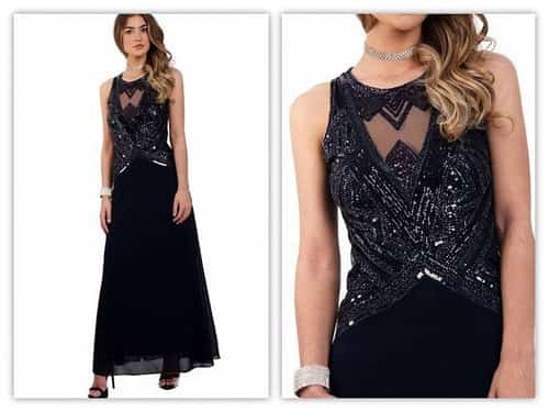 NAVY MESH EMBELLISHED BODICE CHIFFON PROM DRESS