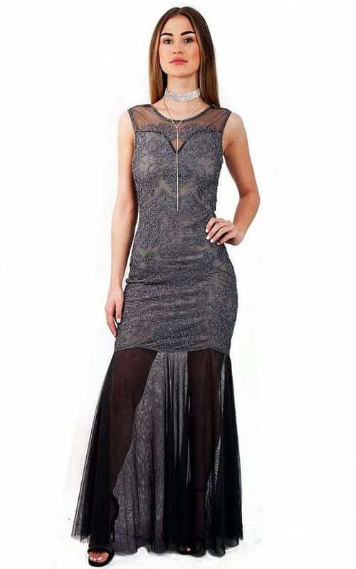 GREY SEQUIN EMBELLISHED FISHTAIL PROM EVENING DRESS