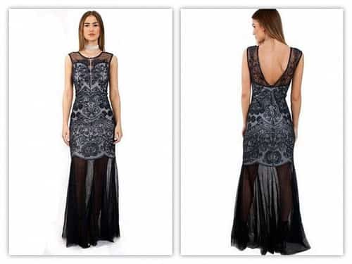 BLACK SEQUIN EMBELLISHED FISHTAIL PROM EVENING DRESS