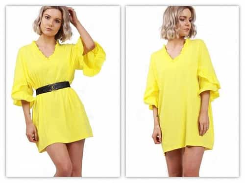 YELLOW OVERSIZED RUFFLE NECK AND SLEEVE SUMMER TOP DRESS