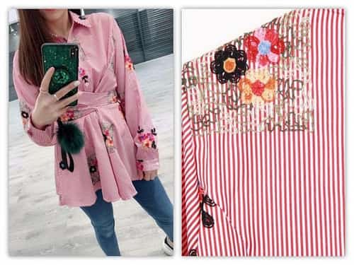 RED AND WHITE STRIPE EMBROIDERED SHIRT WITH SELF TIE BELT