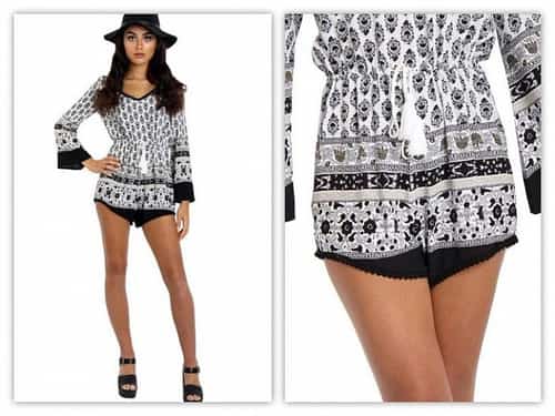 V-NECK BELL SLEEVES PLAYSUIT IN PAISLEY PRINT & POM POM HEM