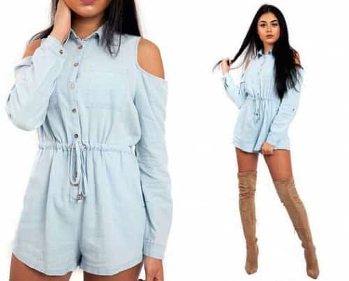LIGHT BLUE DENIM COLD SHOULDER PLAYSUIT