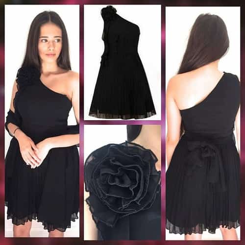 BLACK LAYERED ONE SHOULDER DRESS WITH CHIFFON SASH