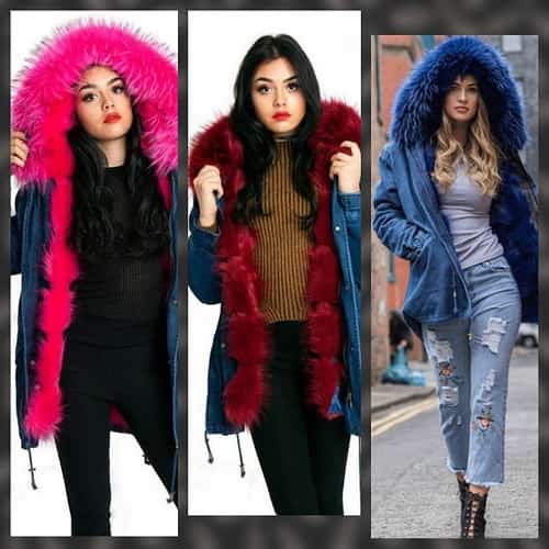 DENIM OVERSIZED THICK BURGUNDY FAUX FUR TRIM HOODED PARKA COAT JACKET
