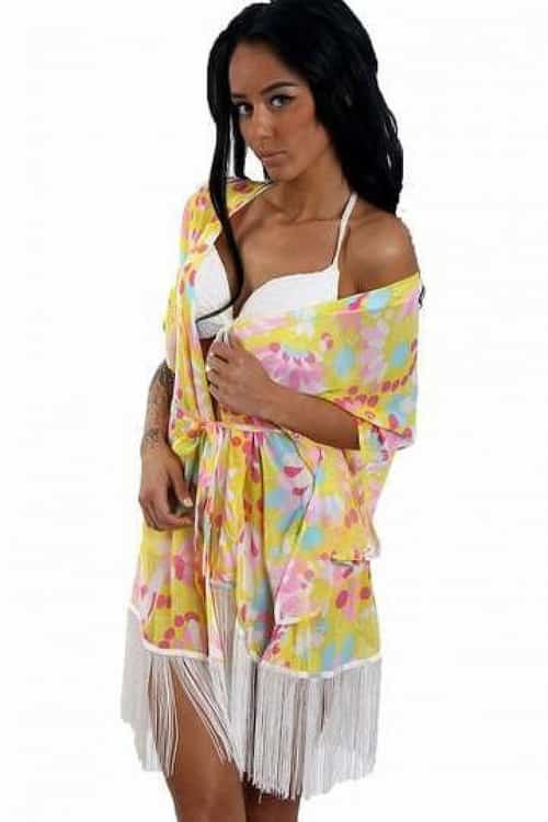 FLORAL PRINT KIMONO WITH TASSEL FRINGE HEM AND BELT