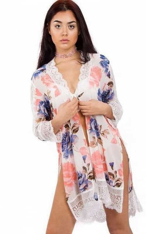 ROSE PRINT LONGLINE KIMONO WITH LACE TRIM AND SIDE SPLIT