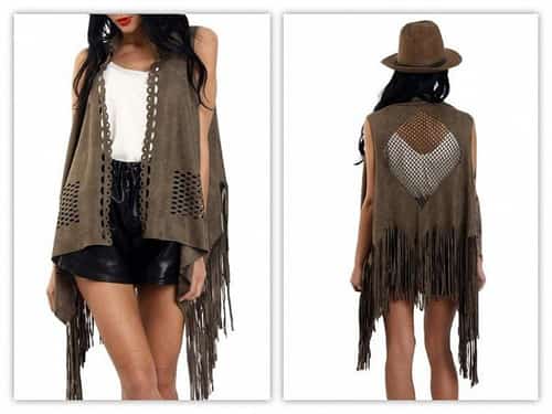 LASER CUT FAUX SUEDE WATERFALL FRINGED WAISTCOAT - KHAKI