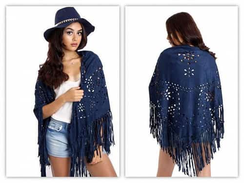 FAUX SUEDE LASER CUT FRINGE CAPE - NAVY